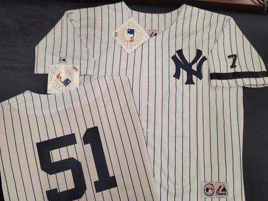 Majestic New York Yankees BERNIE WILLIAMS 1995 Baseball JERSEY White P/S w/#7 (Mantle)