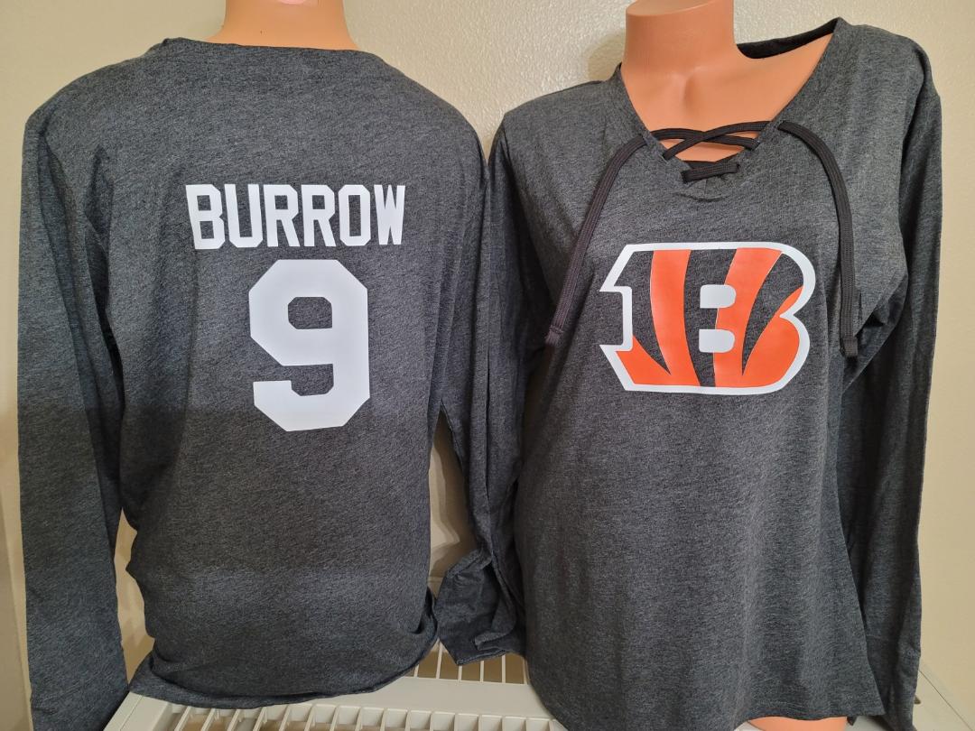 Womens Ladies NFL Team Apparel Cincinnati Bengals JOE BURROW Long Sleeve "Laces" Football Jersey SHIRT BLACK