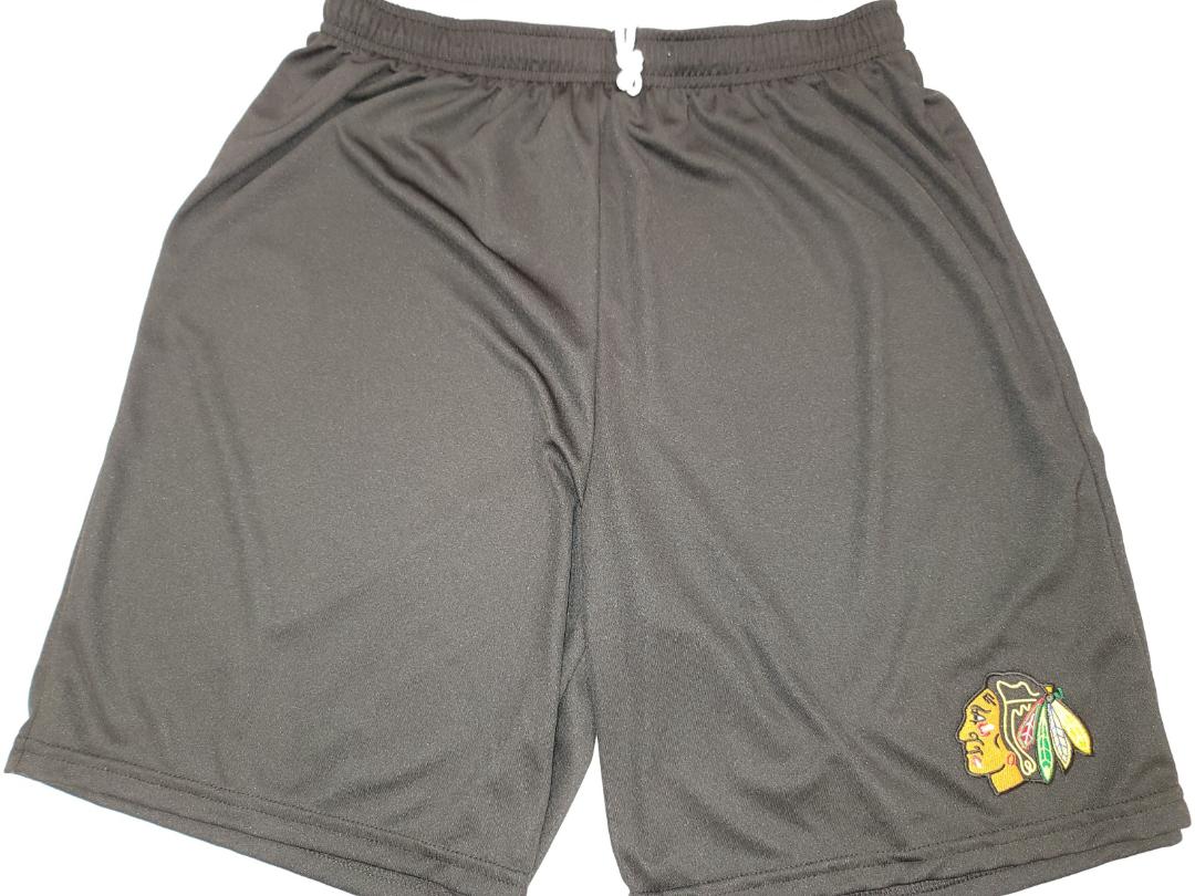Mens NHL Team Apparel CHICAGO BLACKHAWKS Moisture Wick Dri Fit SHORTS Embroidered Logo BLACK