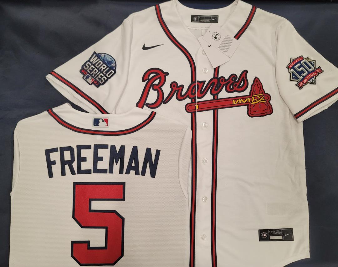 MENS Nike Atlanta Braves FREDDIE FREEMAN 2021 World Series SEWN Baseball JERSEY WHITE