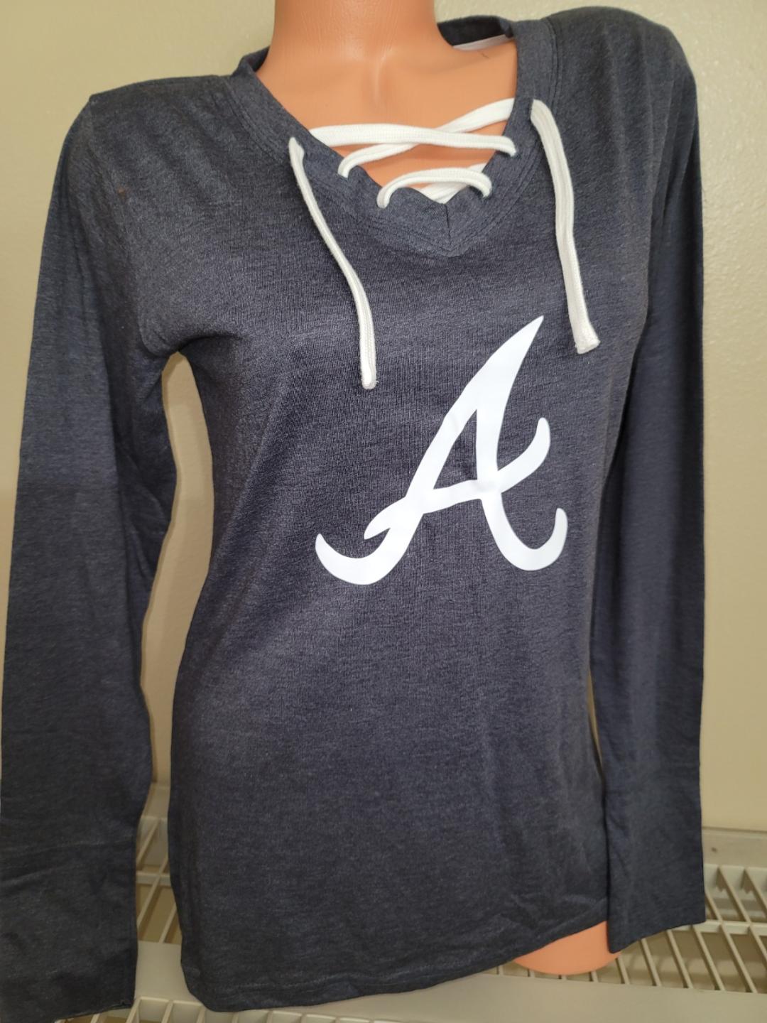 Womens Ladies MLB Team Apparel ATLANTA BRAVES Long Sleeve "Laces" Football Jersey SHIRT BLUE