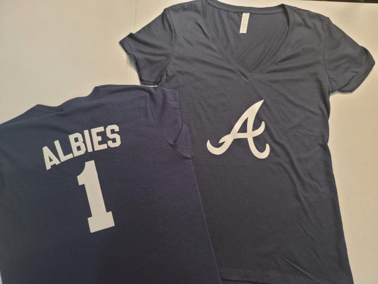 MLB Team Apparel Womens Atlanta Braves OZZIE ALBIES V-Neck Baseball Shirt NAVY