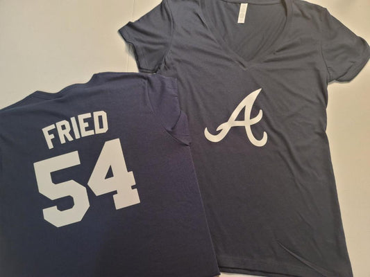 MLB Team Apparel Womens Atlanta Braves MAX FRIED V-Neck Baseball Shirt NAVY