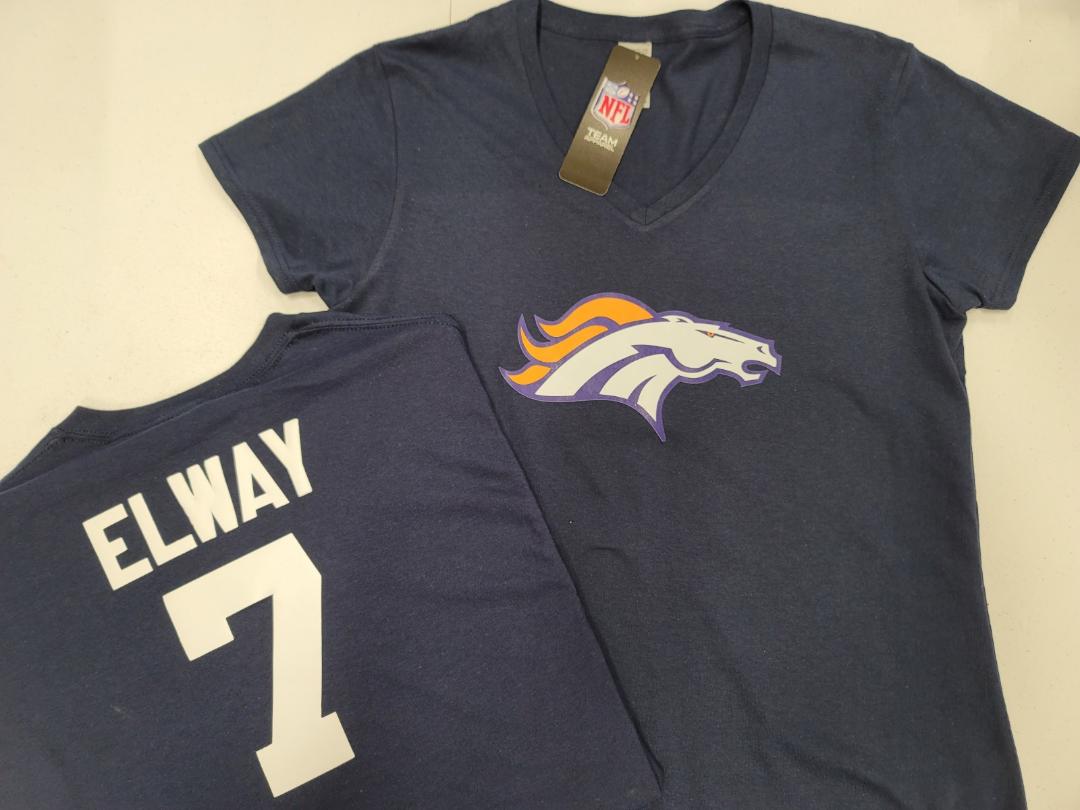 NFL Team Apparel Womens Denver Broncos JOHN ELWAY V-Neck Football Shirt NAVY