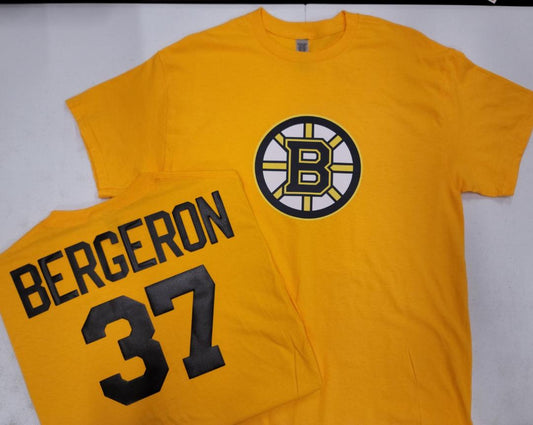 Mens NHL Team Apparel Boston Bruins PATRICE BERGERON Hockey Shirt GOLD