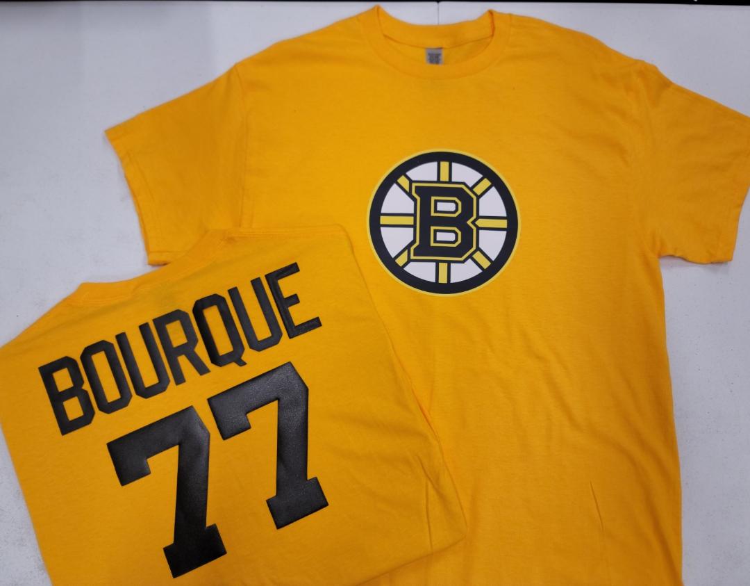 Mens NHL Team Apparel Boston Bruins RAY BOURQUE Hockey Shirt GOLD