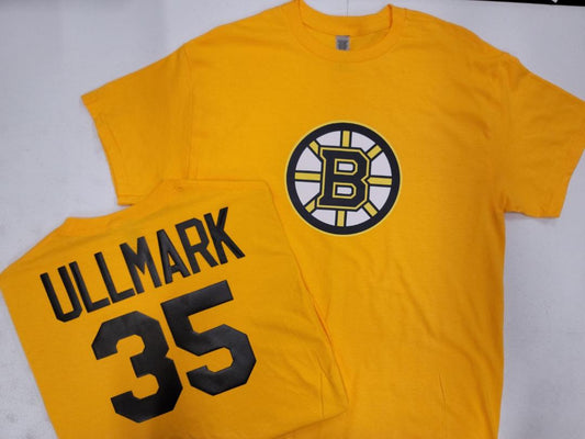 Mens NHL Team Apparel Boston Bruins LINUS ULLMARK Hockey Shirt GOLD