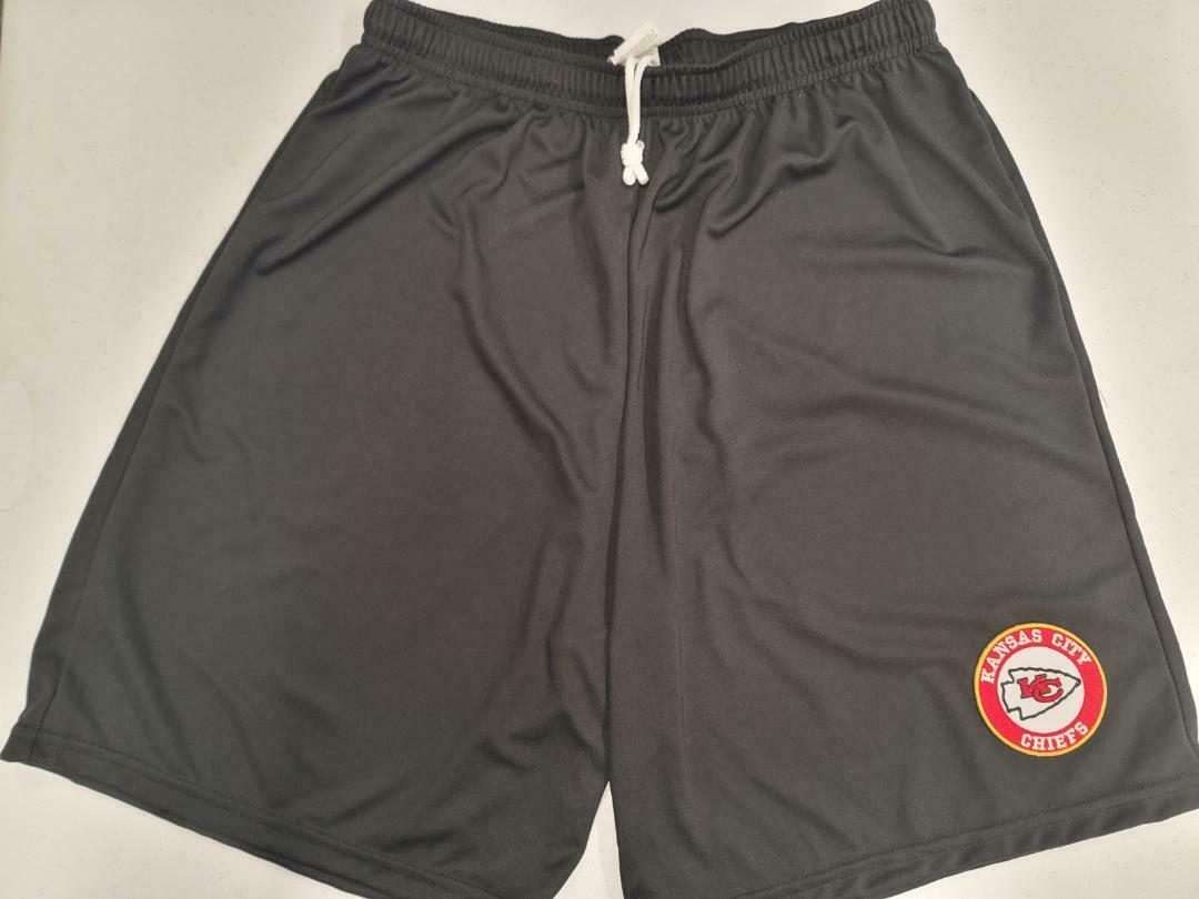 Mens NFL KANSAS CITY CHIEFS Moisture Wick Dri Fit SHORTS Embroidered Logo BLACK