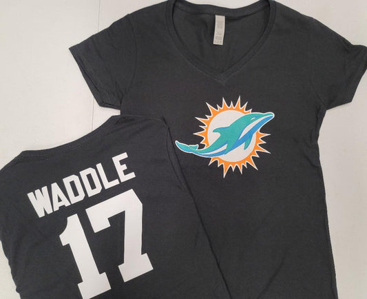 NFL Team Apparel Womens Miami Dolphins JAYLEN WADDLE V-Neck Football Shirt BLACK