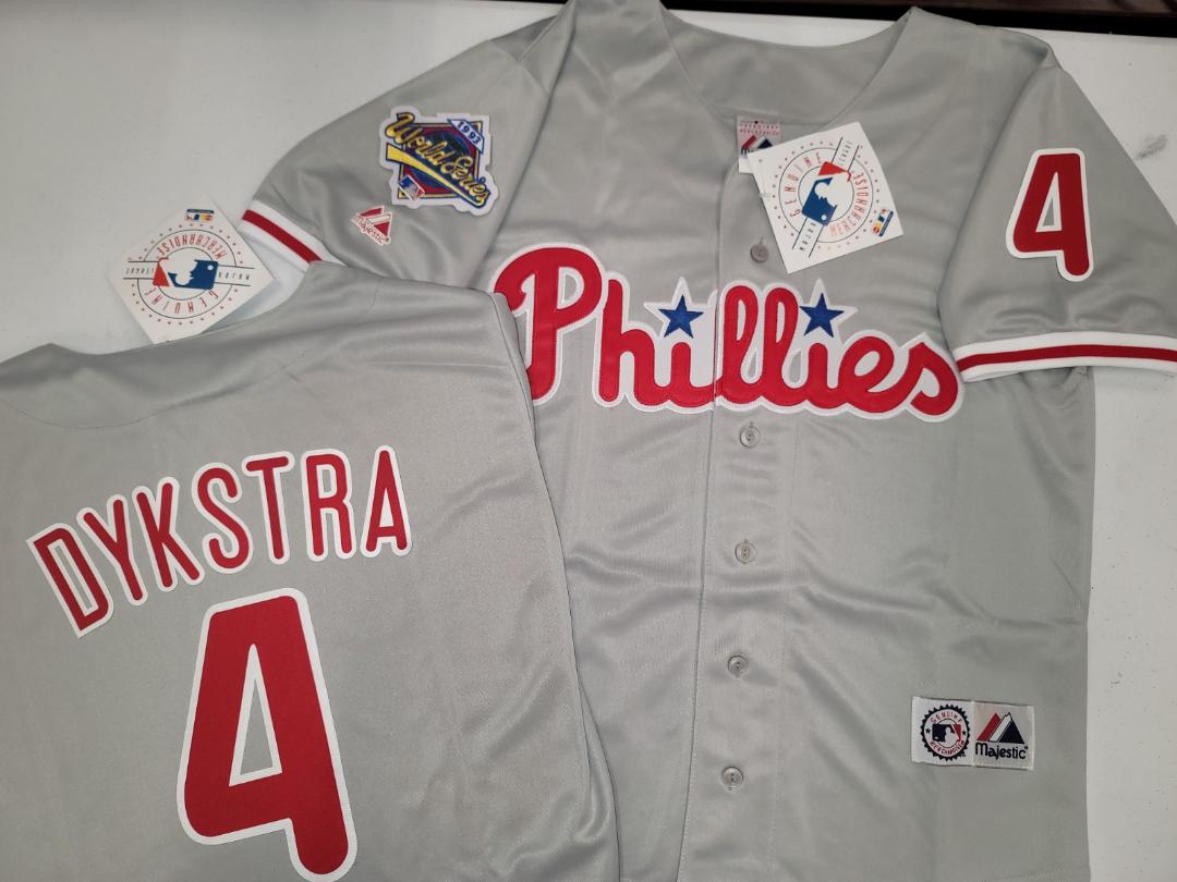 Majestic Philadelphia Phillies LENNY DYKSTRA 1993 World Series Baseball Jersey GRAY All Sizes