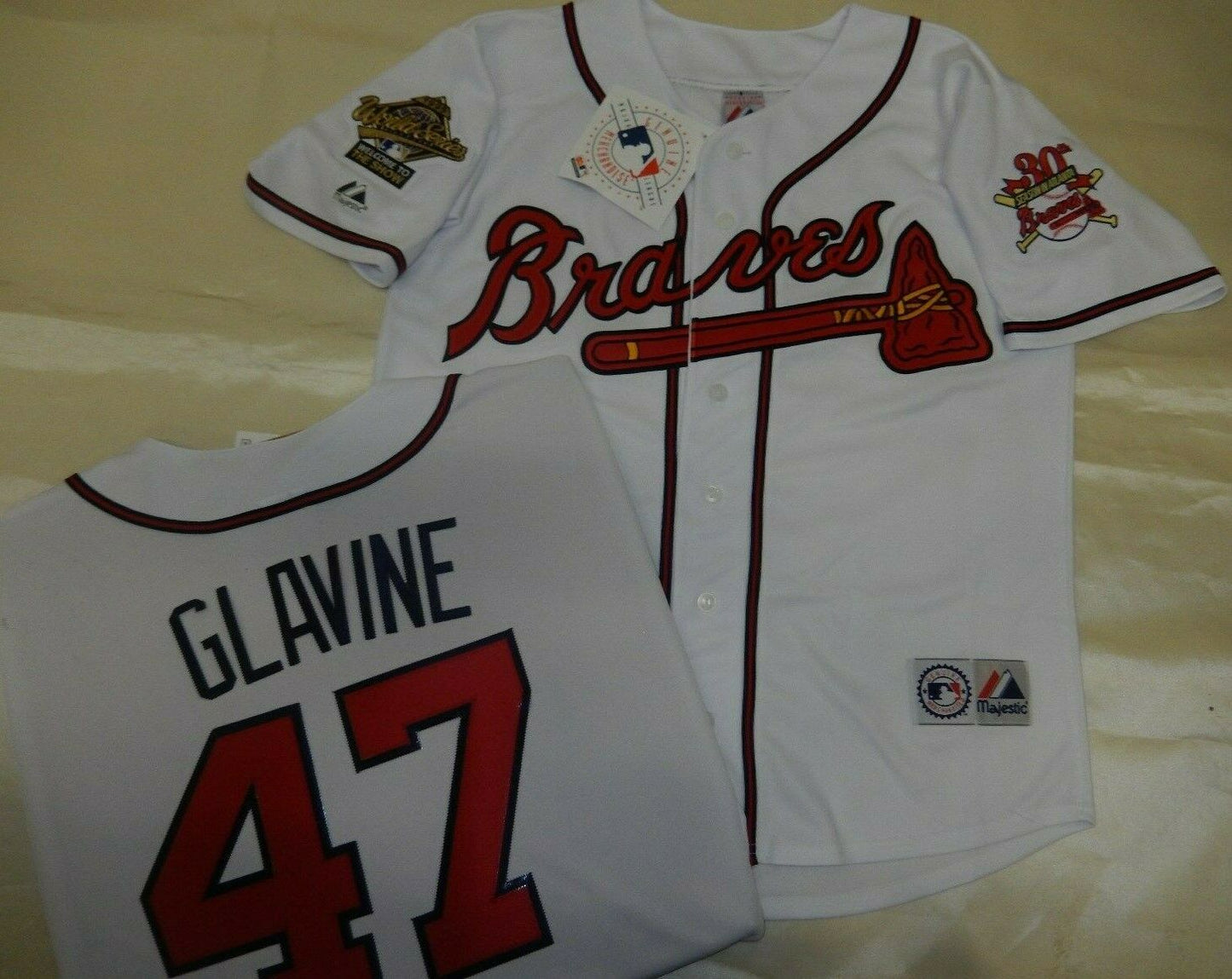 Majestic Atlanta Braves TOM GLAVINE 1995 World Series Baseball Jersey WHITE