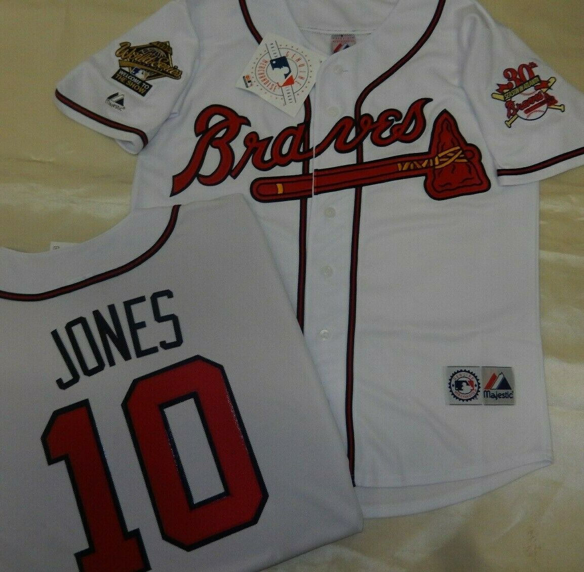 Majestic Atlanta Braves CHIPPER JONES 1995 World Series Baseball Jersey WHITE