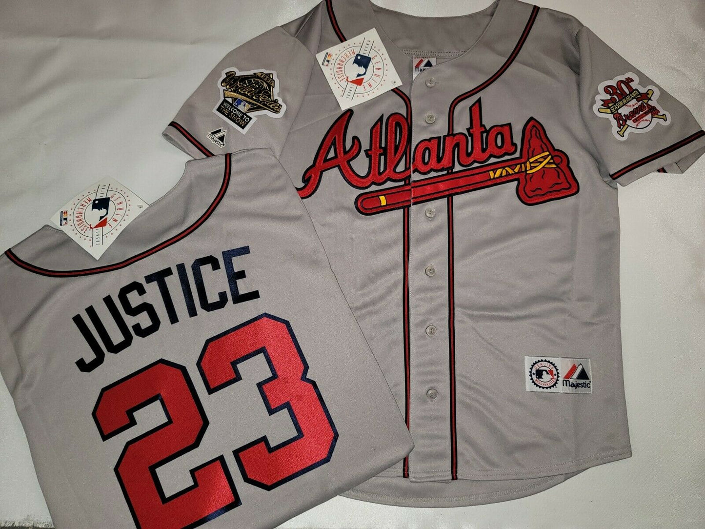Majestic Atlanta Braves DAVID JUSTICE 1995 World Series Baseball Jersey GRAY