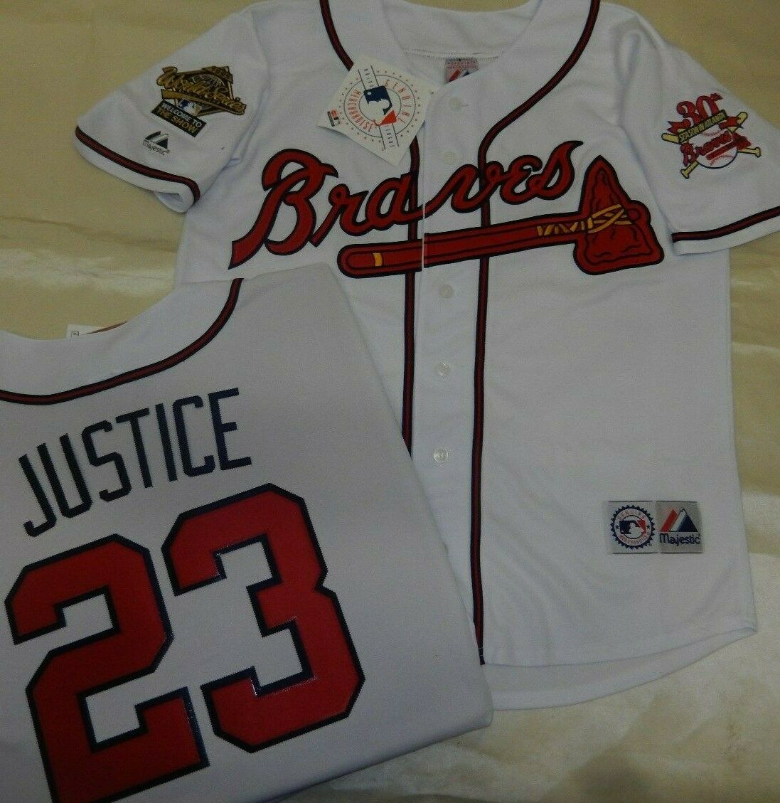 Majestic Atlanta Braves DAVID JUSTICE 1995 World Series Baseball Jersey WHITE