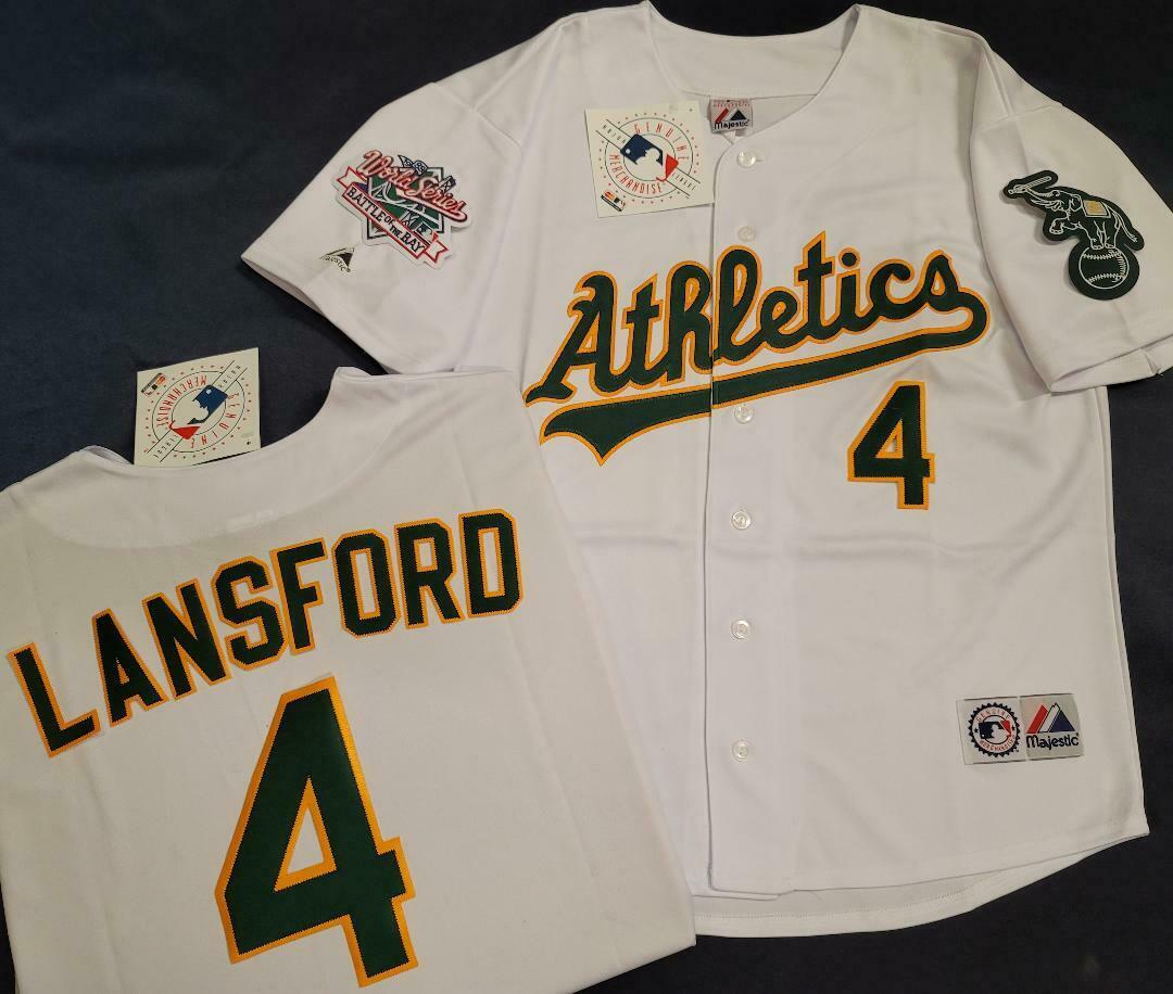 Majestic Oakland A's CARNEY LANSFORD 1989 World Series Baseball Jersey WHITE