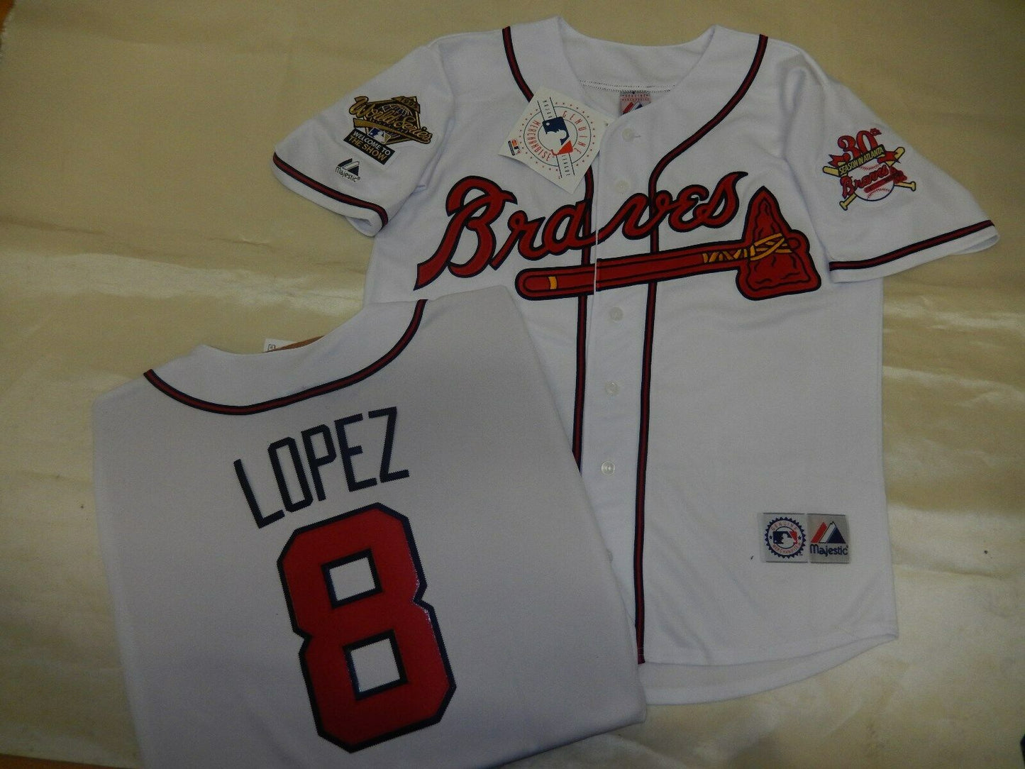 Majestic Atlanta Braves JAVIER LOPEZ 1995 World Series Baseball Jersey WHITE