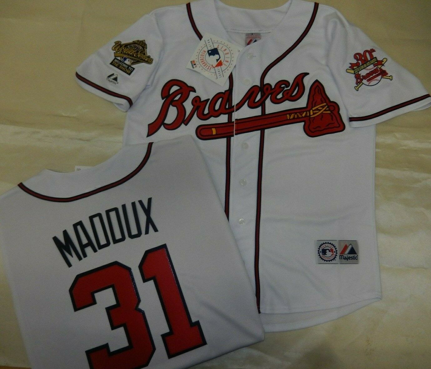 Majestic Atlanta Braves GREG MADDUX 1995 World Series Baseball Jersey WHITE