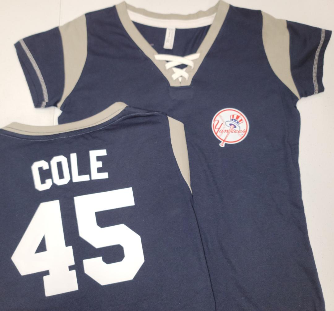 MLB Team Apparel Womens New York Yankees GERRIT COLE "Laces" Baseball Shirt NAVY