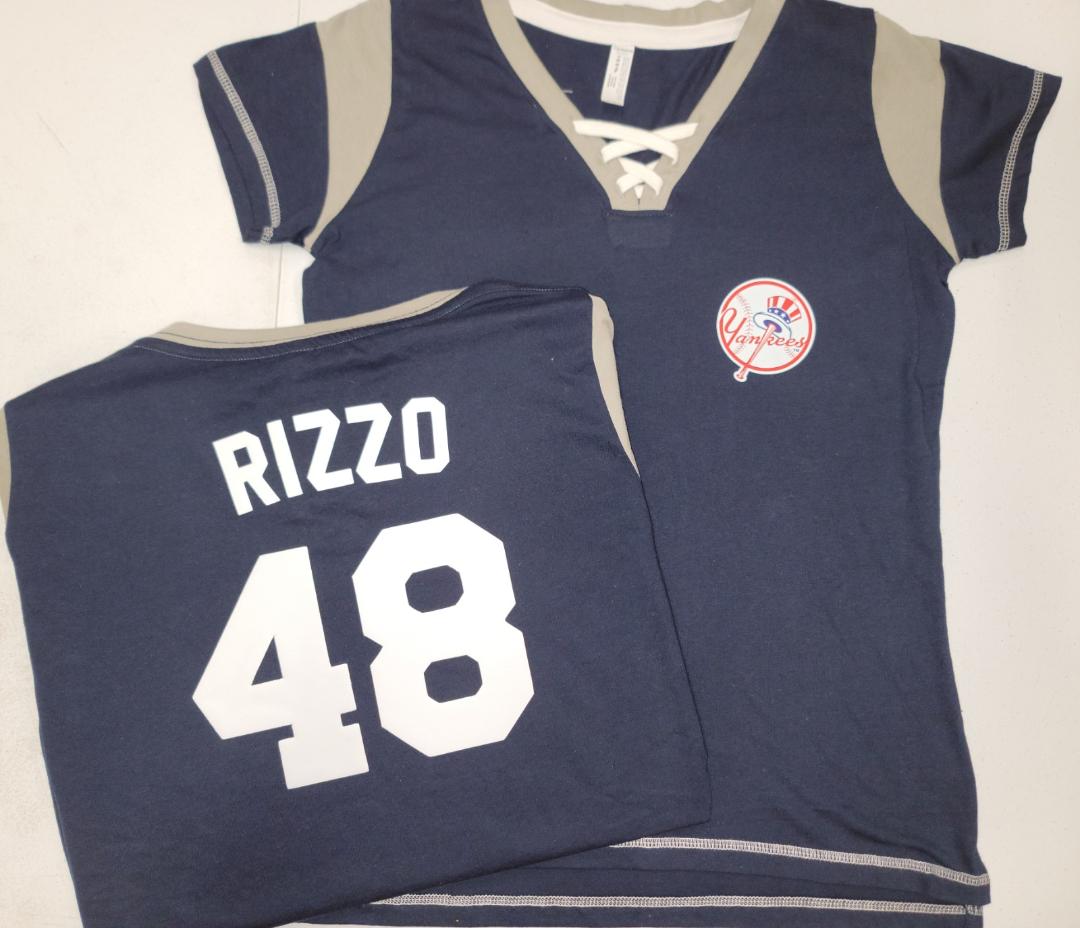 MLB Team Apparel Womens New York Yankees ANTHONY RIZZO "Laces" Baseball Shirt NAVY