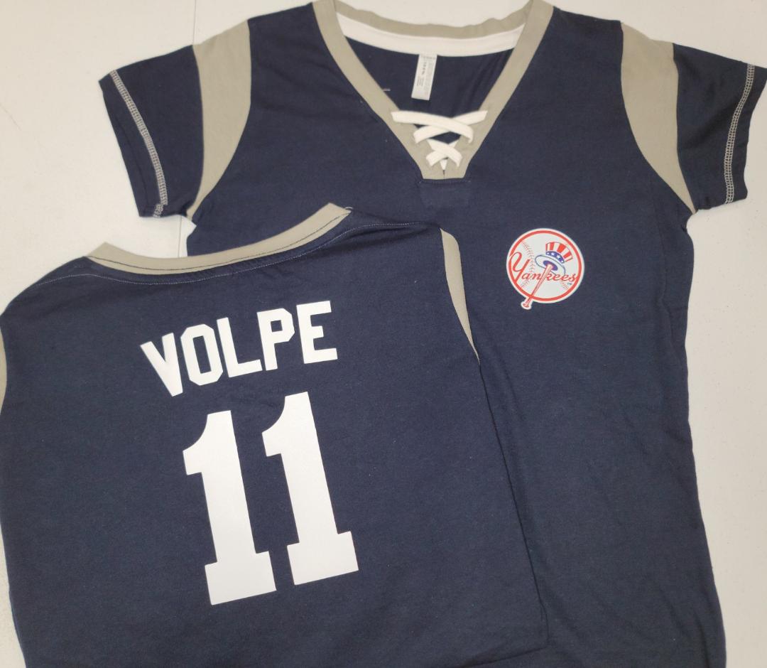 MLB Team Apparel Womens New York Yankees ANTHONY VOLPE "Laces" Baseball Shirt NAVY