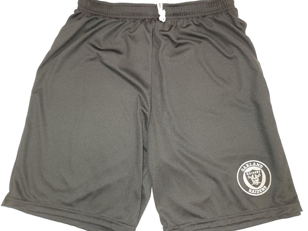 Mens NFL OAKLAND RAIDERS Moisture Wick Dri Fit SHORTS Embroidered Logo BLACK
