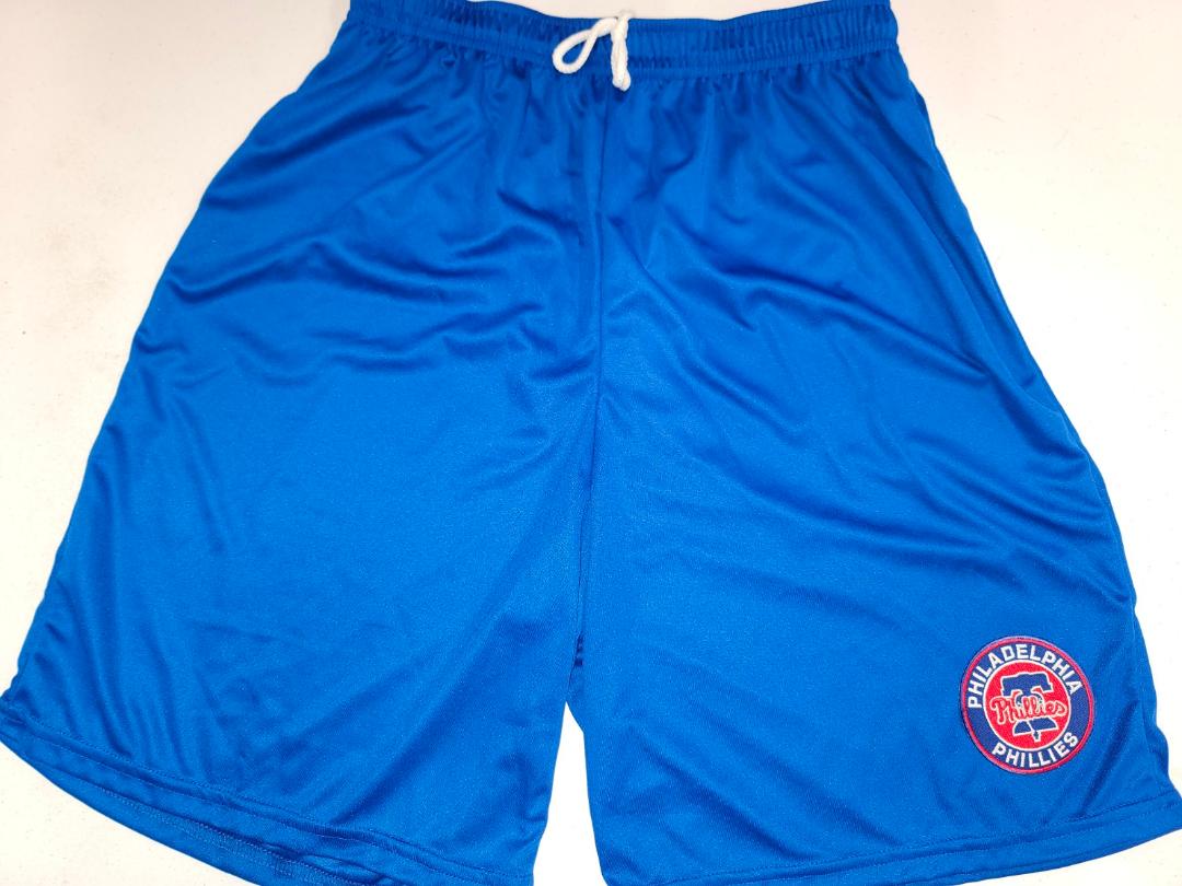 Mens MLB Team Apparel PHILADELPHIA PHILLIES Moisture Wick Dri Fit SHORTS W/POCKETS Embroidered Logo ROYAL