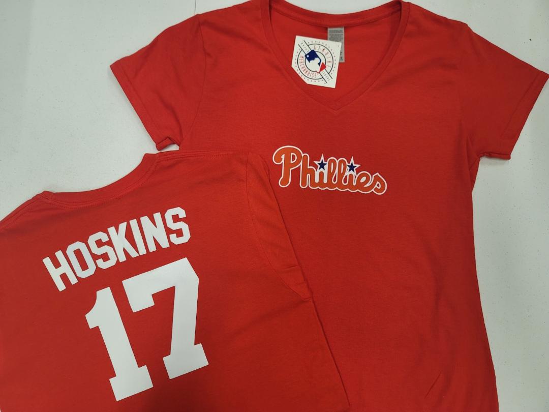 MLB Team Apparel Womens Philadelphia Phillies RHYS HOSKINS V-Neck Baseball Shirt RED