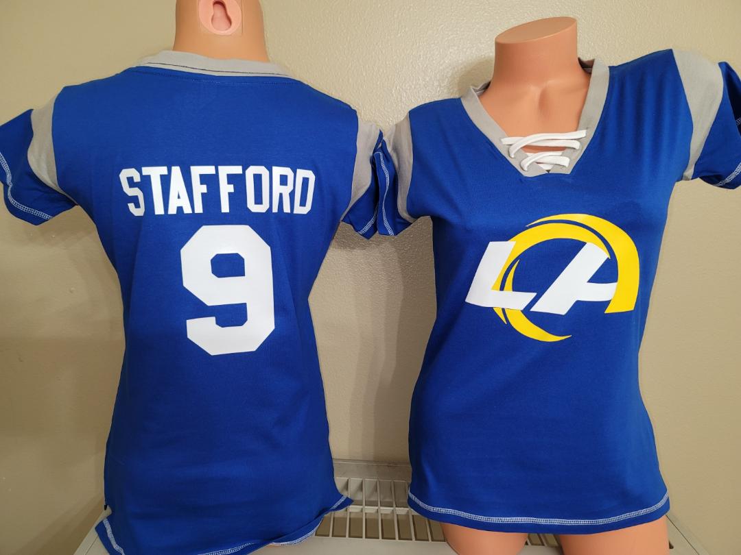 Womens Ladies Los Angeles Rams MATTHEW STAFFORD "Laces" Football Jersey SHIRT Blue