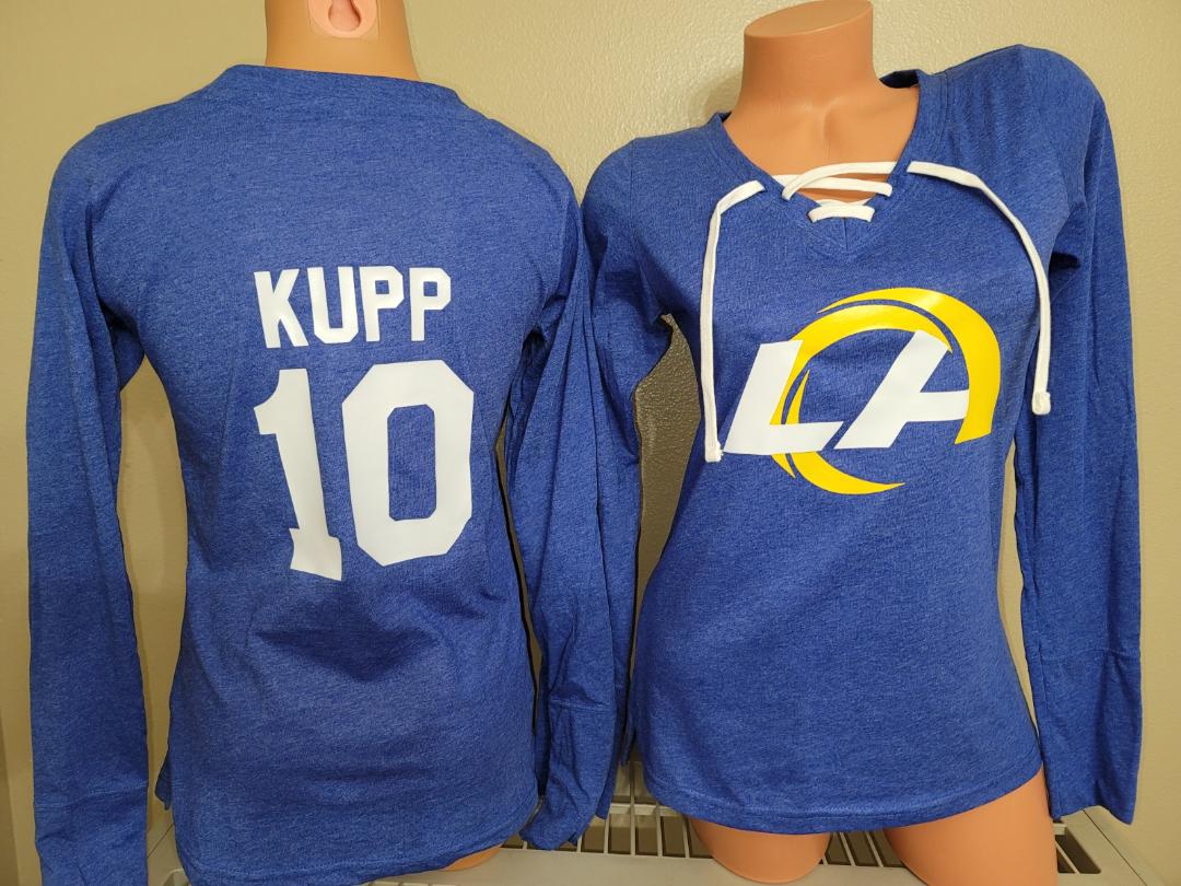 Womens Ladies NFL Team Apparel Los Angeles Rams COOPER KUPP Long Sleeve "Laces" Football Jersey SHIRT ROYAL