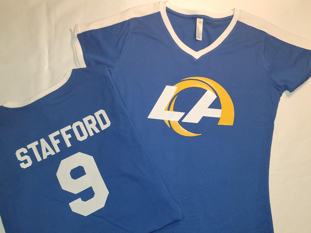 Womens NFL Team Apparel Los Angeles Rams MATTHEW STAFFORD "V-Neck" Football Jersey Ringer Shirt ROYAL