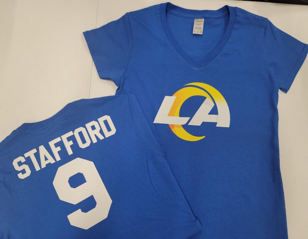 NFL Team Apparel Womens Los Angeles Rams MATTHEW STAFFORD V-Neck Football Shirt ROYAL