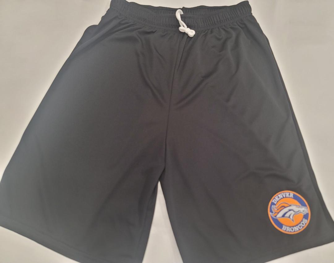 Mens NFL DENVER BRONCOS Moisture Wick Dri Fit SHORTS Embroidered Logo BLACK