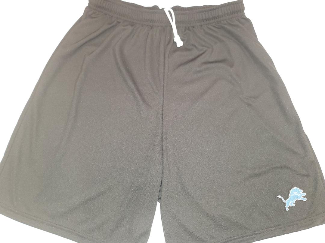 Mens NFL DETROIT LIONS Moisture Wick Dri Fit SHORTS W/POCKETS Embroidered Logo BLACK