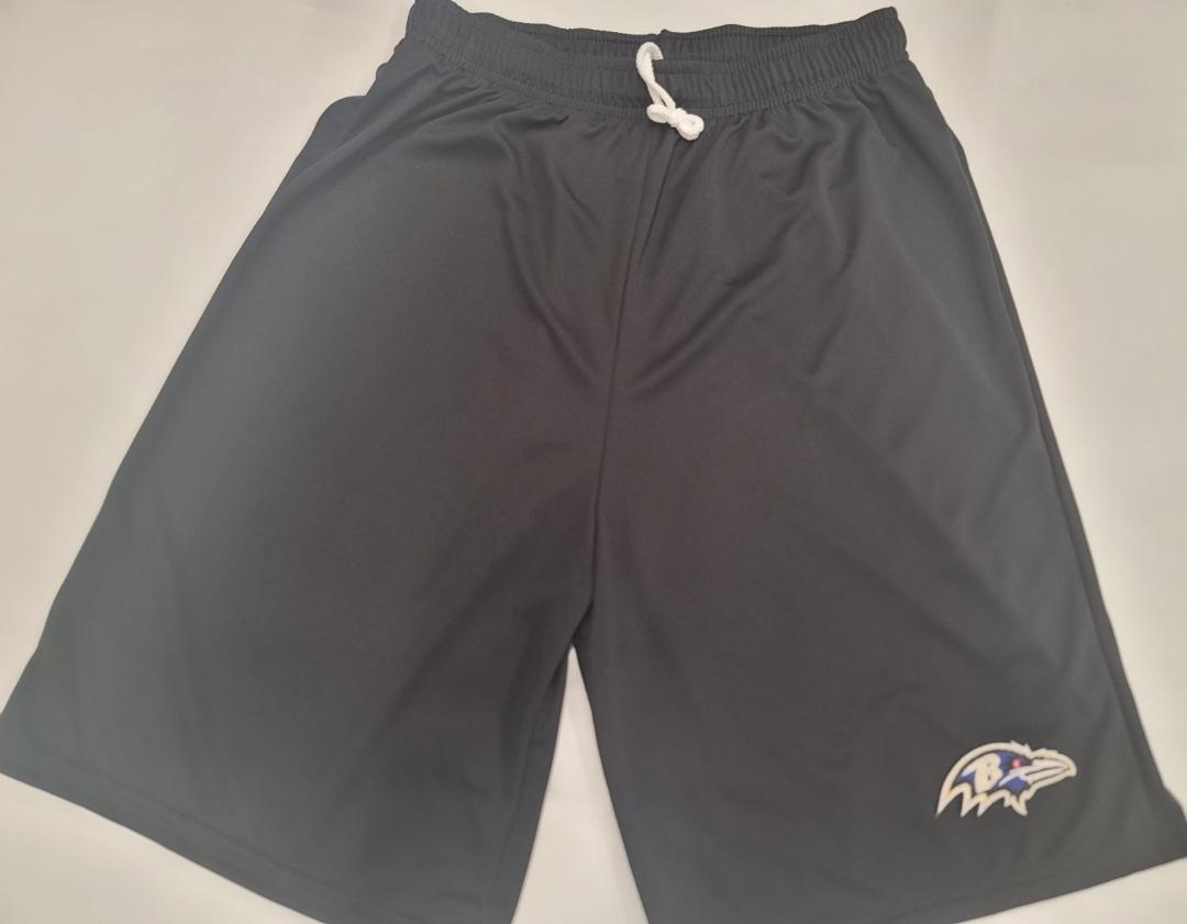 Mens NFL BALTIMORE RAVENS Moisture Wick Dri Fit SHORTS W/POCKETS Embroidered Logo BLACK