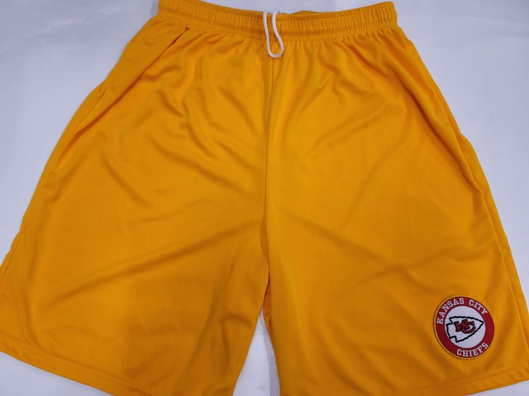 Mens NFL KANSAS CITY CHIEFS Moisture Wick Dri Fit SHORTS Embroidered Logo GOLD