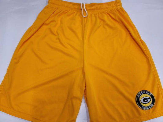 Mens NFL GREEN BAY PACKERS Moisture Wick Dri Fit SHORTS Embroidered Logo GOLD