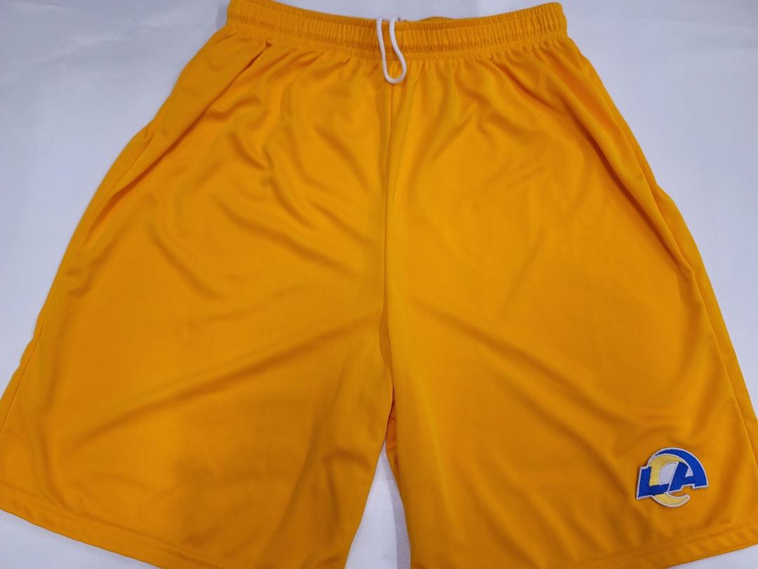 Mens NFL LOS ANGELES RAMS Moisture Wick Dri Fit SHORTS Embroidered Logo GOLD