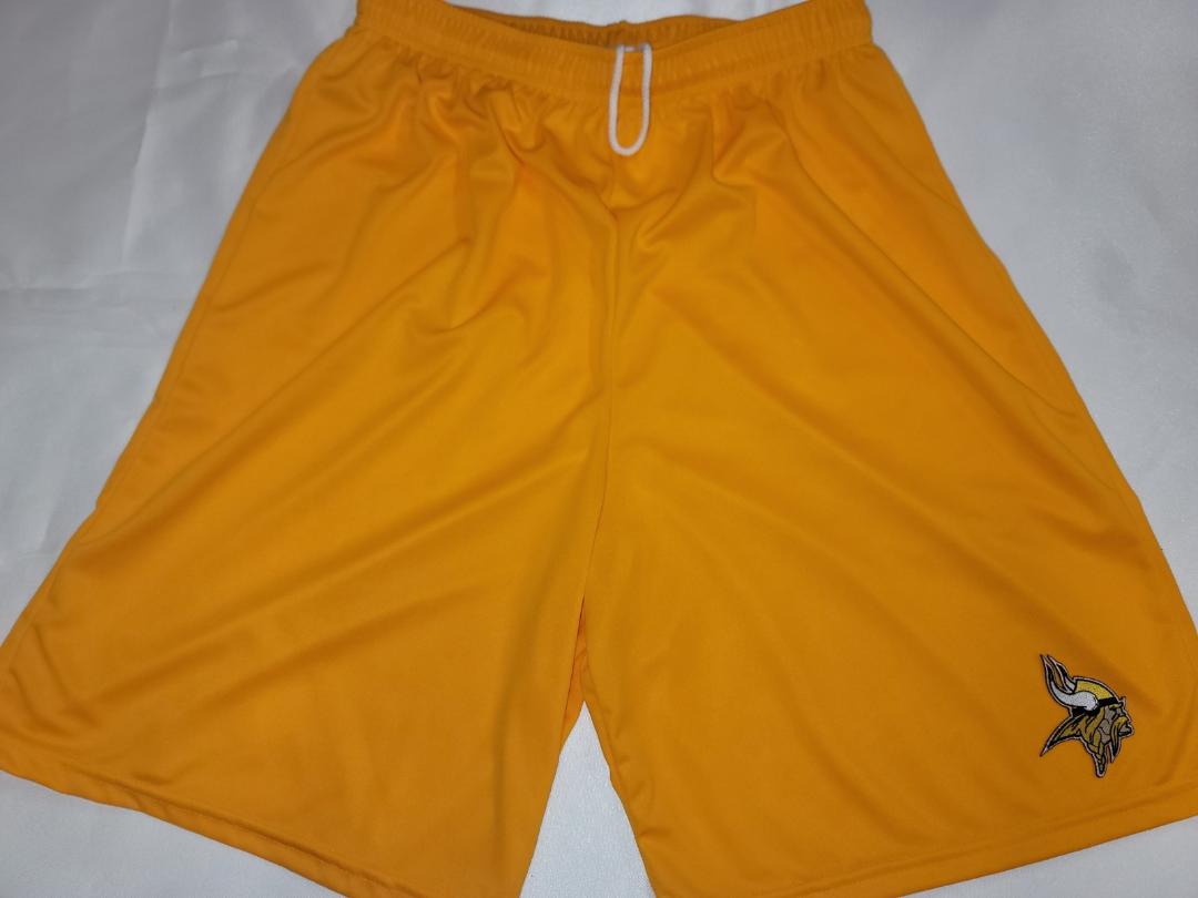 Mens NFL MINNESOTA VIKINGS Moisture Wick Dri Fit SHORTS Embroidered Logo GOLD