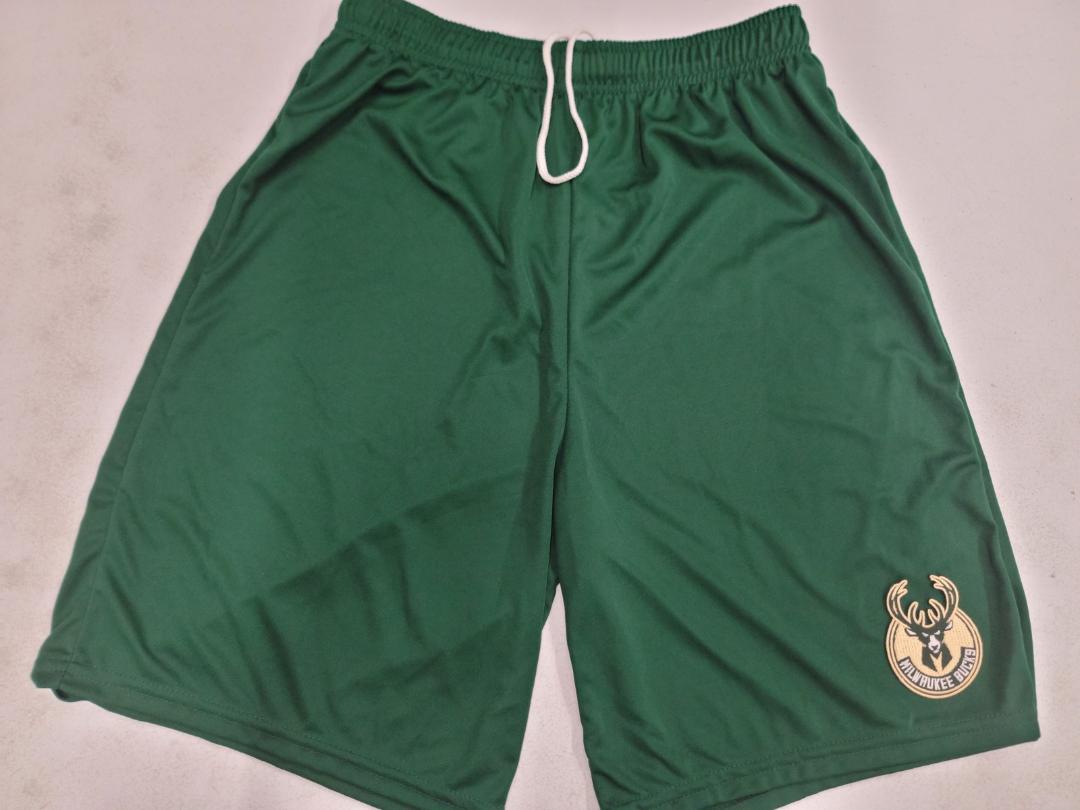 Mens NBA MILWAUKEE BUCKS Moisture Wick Dri Fit SHORTS Embroidered Logo GREEN