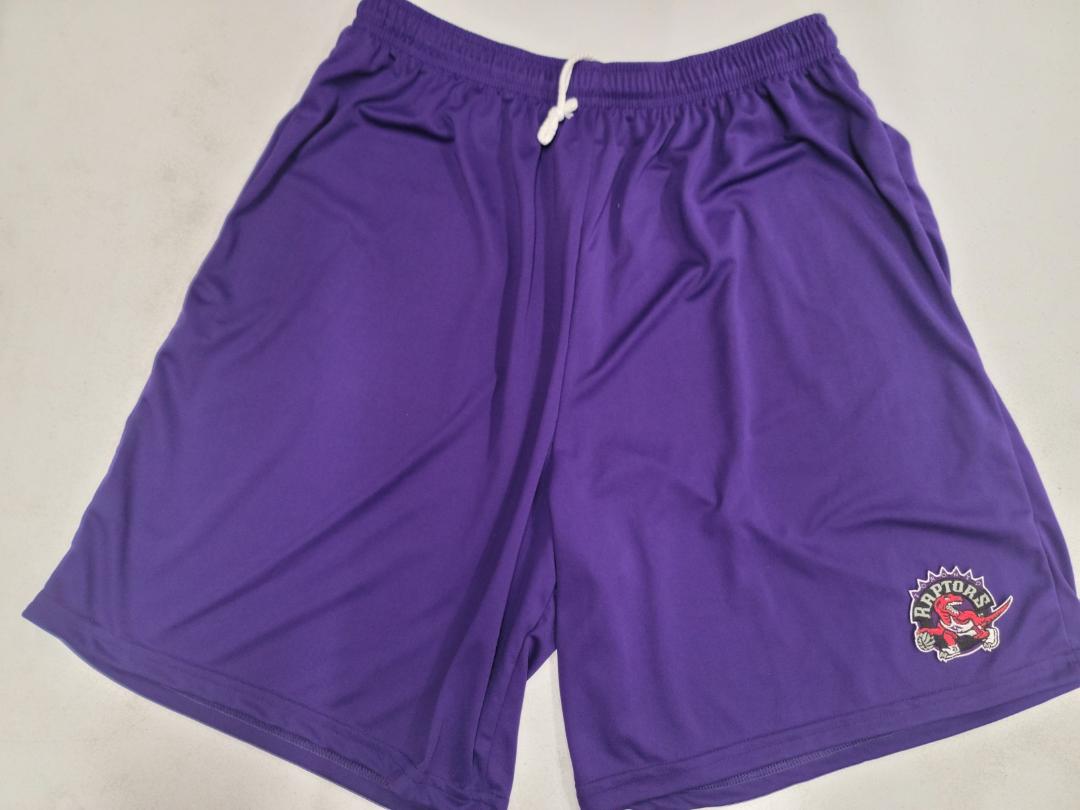 Mens NBA TORONTO RAPTORS Moisture Wick Dri Fit SHORTS Embroidered Logo PURPLE