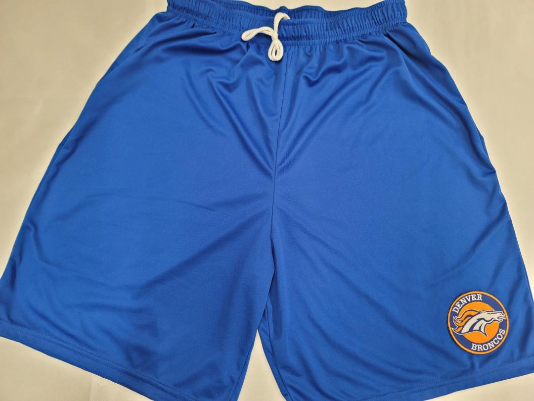 Mens NFL DENVER BRONCOS Moisture Wick Dri Fit SHORTS W/POCKETS Embroidered Logo ROYAL