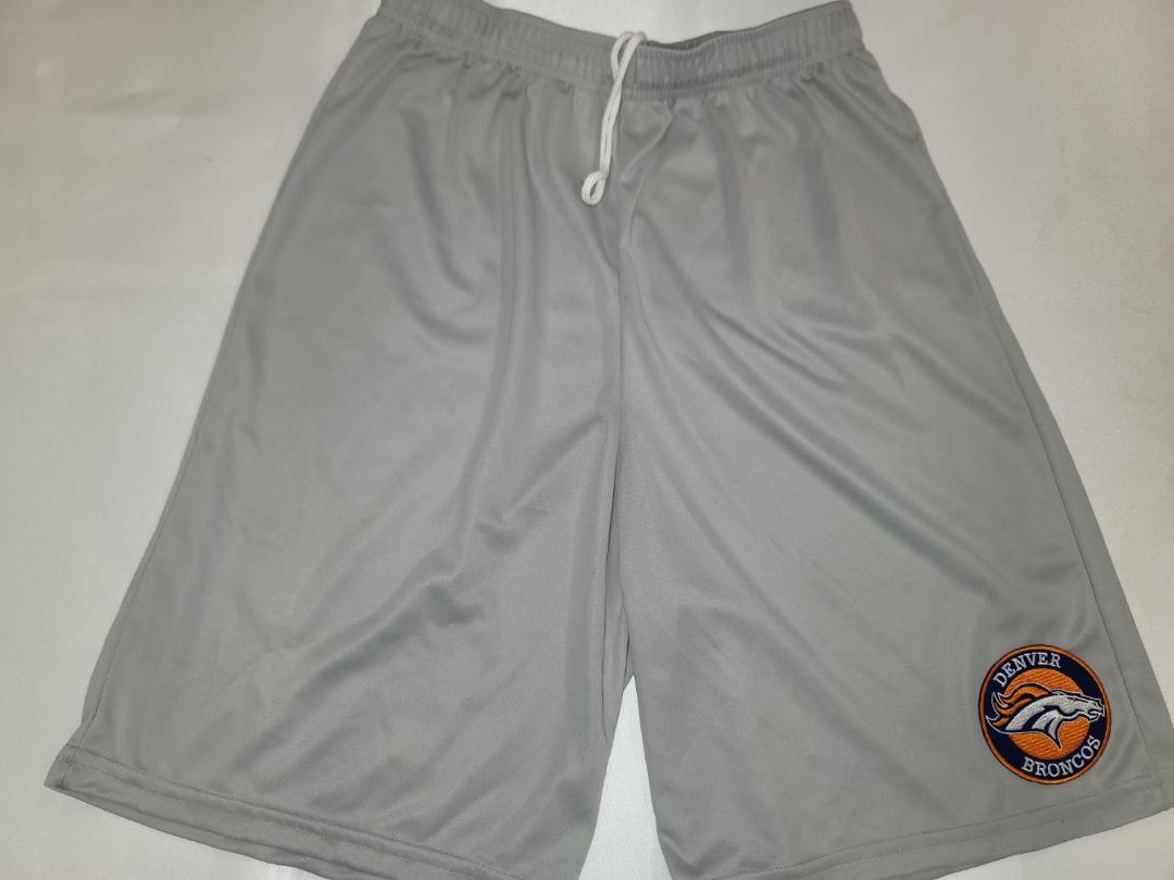 Mens NFL Team Apparel DENVER BRONCOS Moisture Wick Dri Fit SHORTS Embroidered Logo SILVER