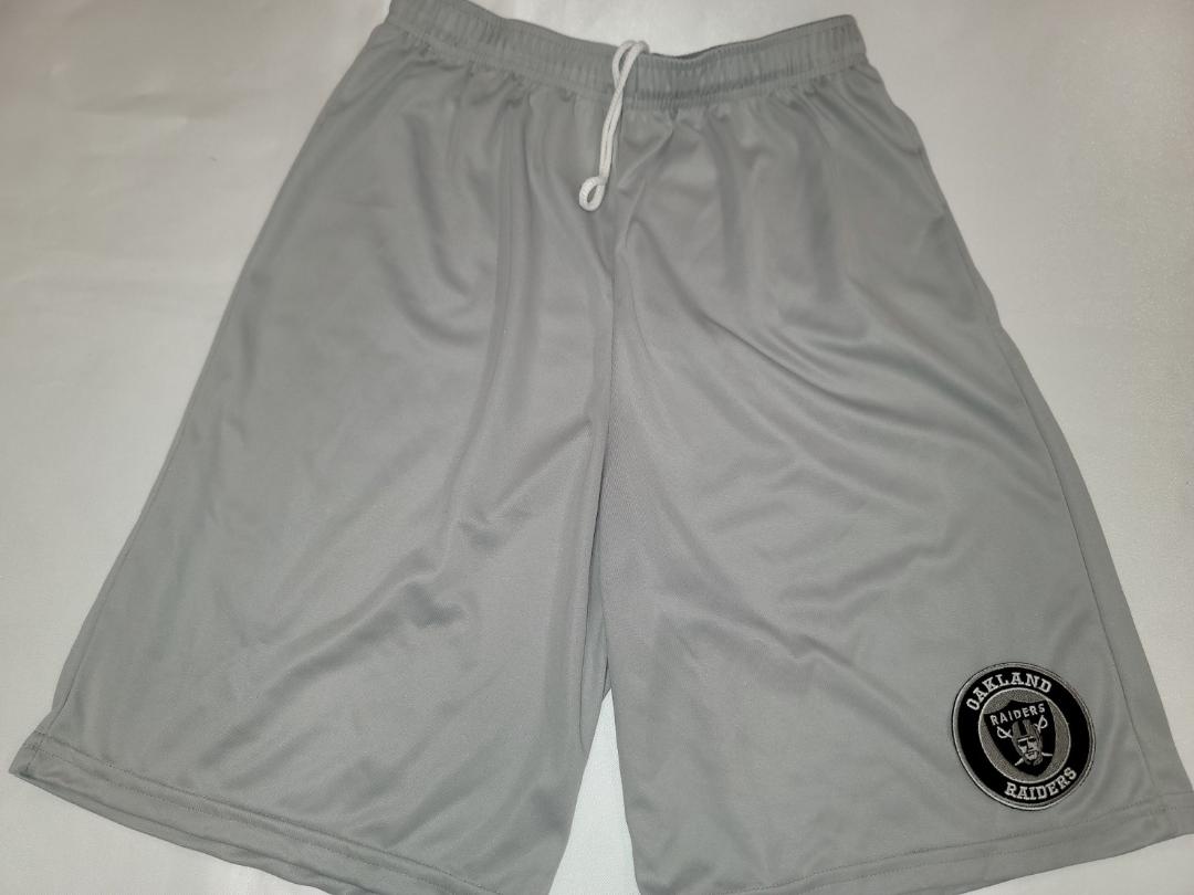 Mens NFL Team Apparel OAKLAND RAIDERS Moisture Wick Dri Fit SHORTS Embroidered Logo SILVER
