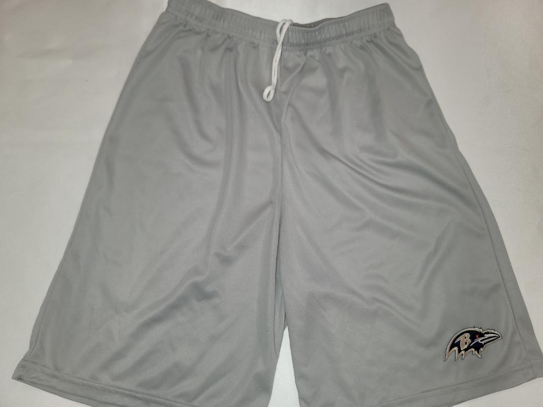 Mens NFL Team Apparel BALTIMORE RAVENS Moisture Wick Dri Fit SHORTS Embroidered Logo SILVER
