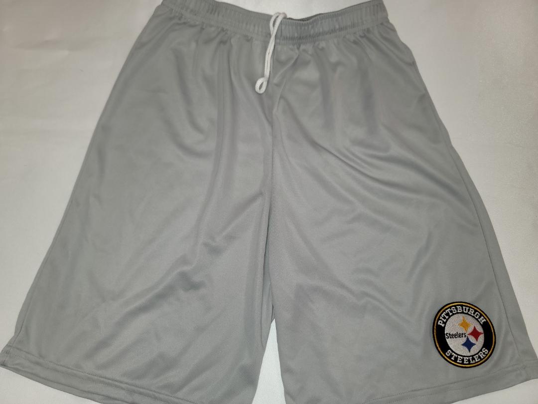 Mens NFL Team Apparel PITTSBURGH STEELERS Moisture Wick Dri Fit SHORTS Embroidered Logo SILVER