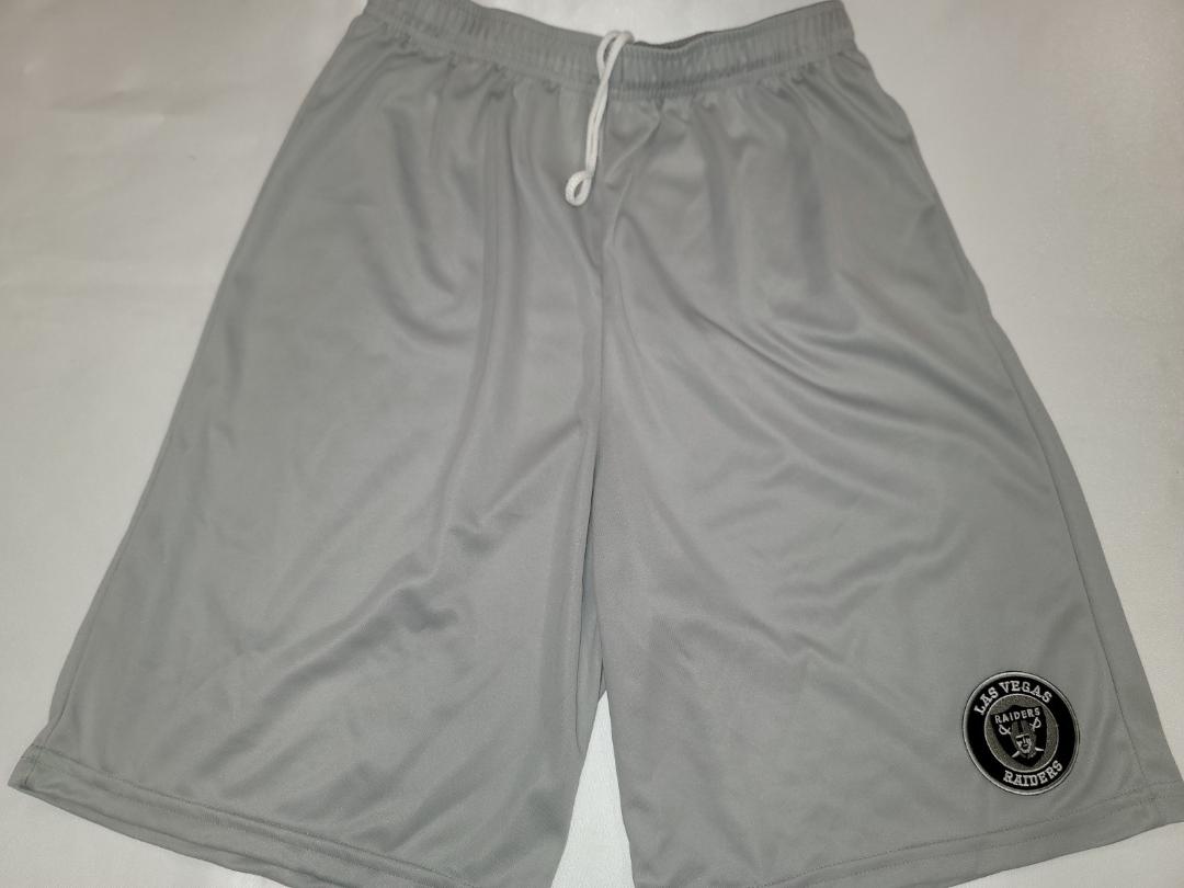 Mens NFL Team Apparel LAS VEGAS RAIDERS Moisture Wick Dri Fit SHORTS Embroidered Logo SILVER