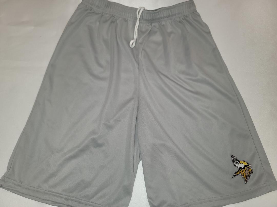 Mens NFL Team Apparel MINNESOTA VIKINGS Moisture Wick Dri Fit SHORTS Embroidered Logo SILVER