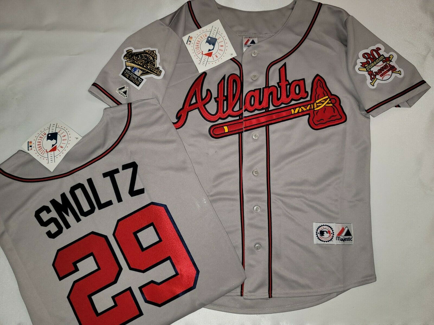 Majestic Atlanta Braves JOHN SMOLTZ 1995 World Series Baseball Jersey GRAY