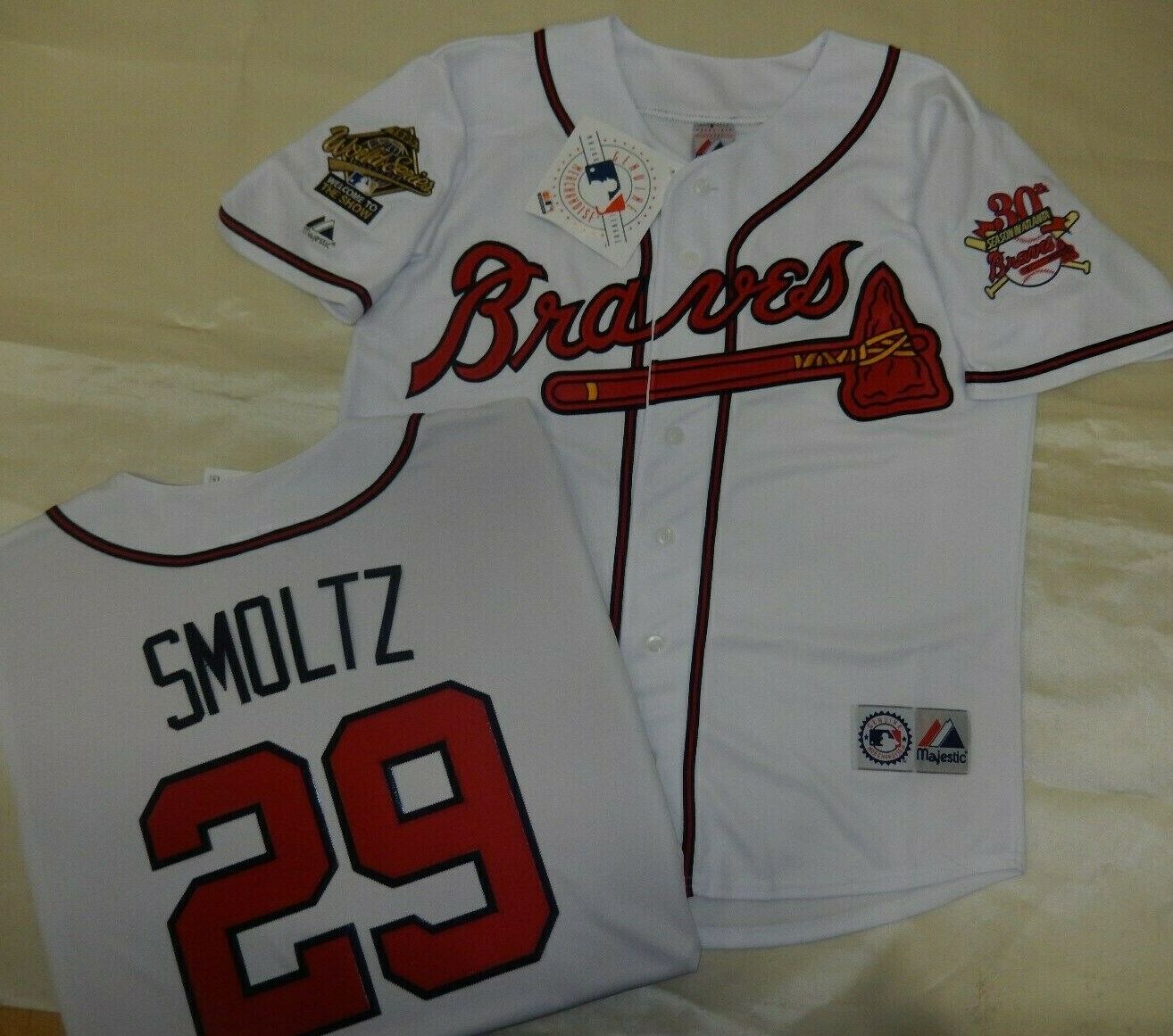 Majestic Atlanta Braves JOHN SMOLTZ 1995 World Series Baseball Jersey WHITE