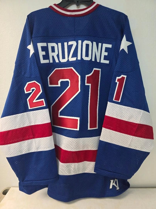 Mens K1 MIKE ERUZIONE 1980 Miracle On Ice Hockey Jersey BLUE